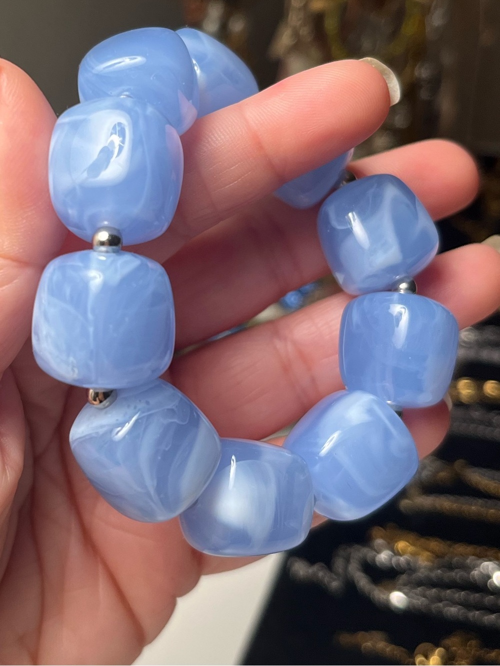 Chunky Blue Marbled Statement Stretch Bracelet